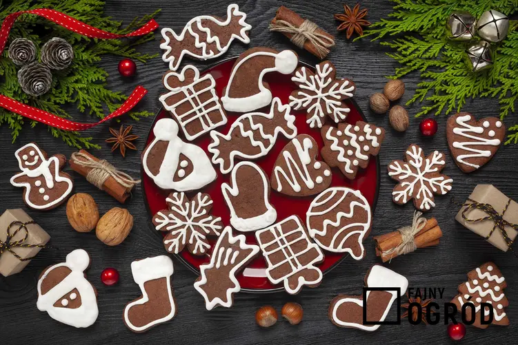 Pierniki świąteczne z lukrem ułożone na talerzyku w świątecznej aranżacji, a także przepis, wykonanie i składniki