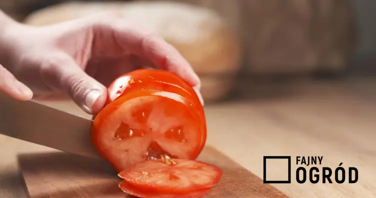 Pomidor na desce drewnianej podczas krojenia nożem, a także informacje, jakie są właściwości odżywcze pomidorów