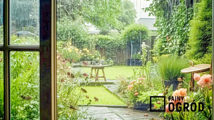 Widok z okna na ogród w czasie deszczu, wskazówki, jak założyć ogród deszczowy