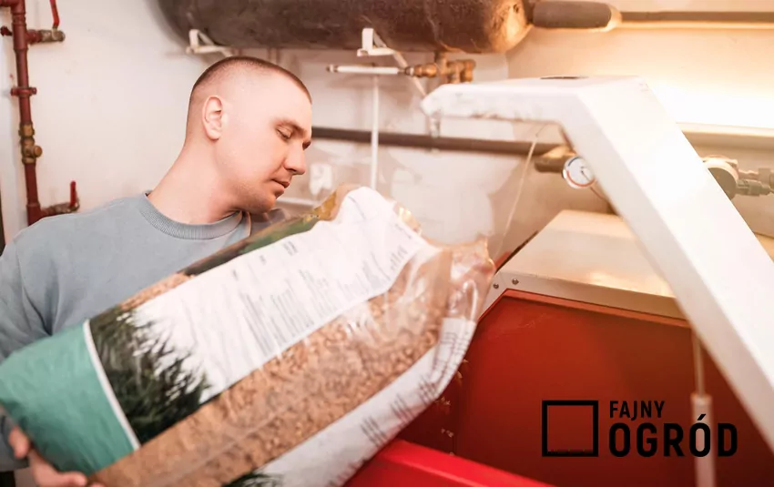 Mężczyzna uzupełnia pellet w piecu