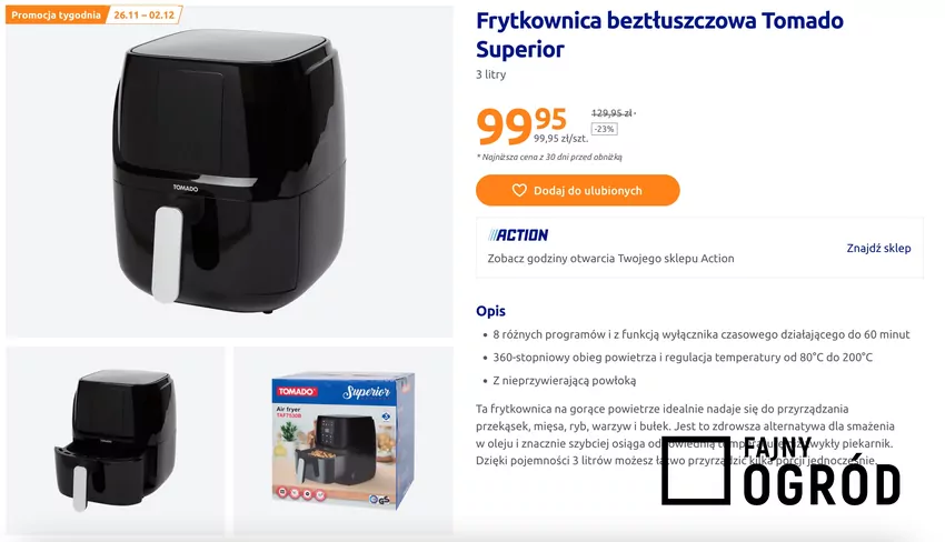 Nie przepełniaj kosza — mniejsza ilość składników pozwala powietrzu swobodnie krążyć, dzięki czemu potrawy pieką się szybciej i równomiernie, fot. action.com/pl Air fryer Action