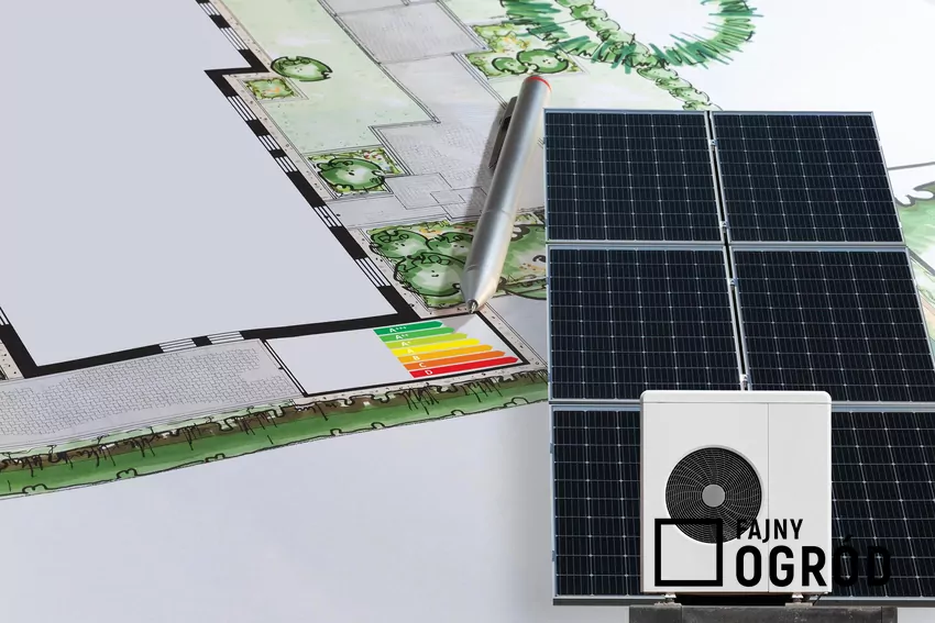 Pompa ciepła i fotowoltaika na tle rzutu budynku