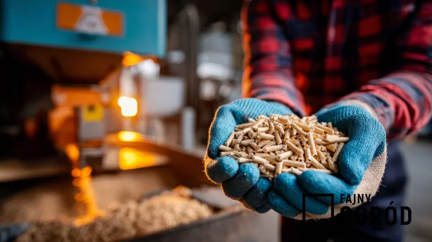 Producenci pelletu narzekają na brak surowca pracownik fabryki biomasy trzyma w dłoniach pellet