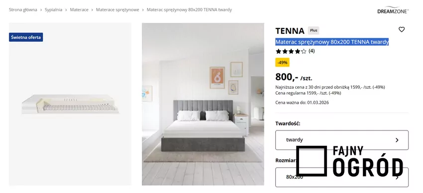 Materac sprężynowy 80x200 TENNA twardy w obniżonej cenie Jysk - gazetka