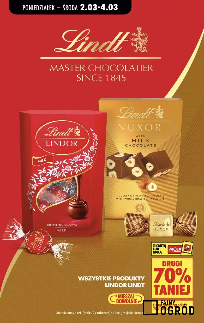Wszystkie słodkości marki Lindt są objęte promocją: drugie opakowanie 70% taniej Promocje w Biedronce