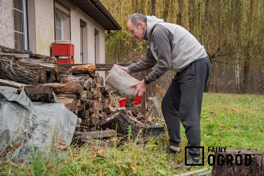 Mężczyzna układa drewno
