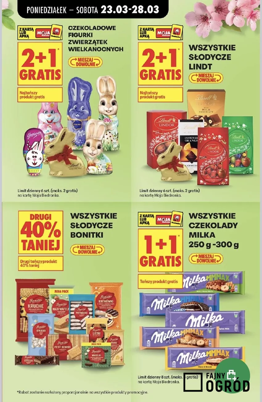 Wszystkie słodycze Lindt, w tym Wielkanocne figurki z czekolady, są objęte rabatem 2+1 gratis Promocje w Biedronce