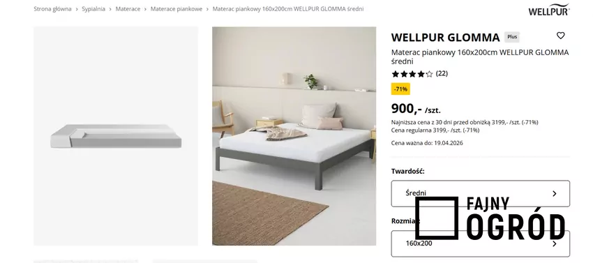 Materac piankowy 160x200cm WELLPUR GLOMMA średni taniej -71% Jysk - gazetka