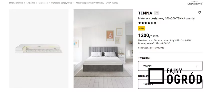 Materac sprężynowy 160x200 TENNA twardy w mocno obniżonej cenie Jysk - gazetka